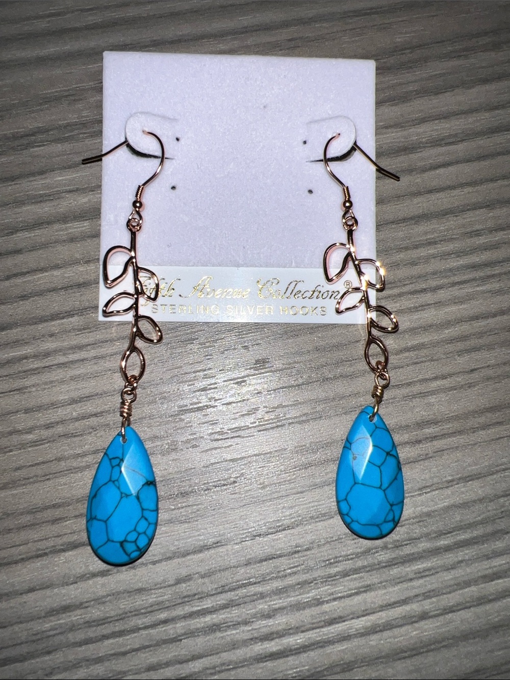 Rose Gold Leaf Drop Earrings with Turquoise colored Teardrops